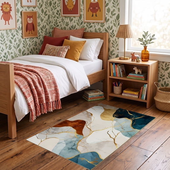 Round Table Rectangular Rug ODIKA 3'x5' Ultra-Soft Throw Mat, Round Dining Abstract Painterly ...