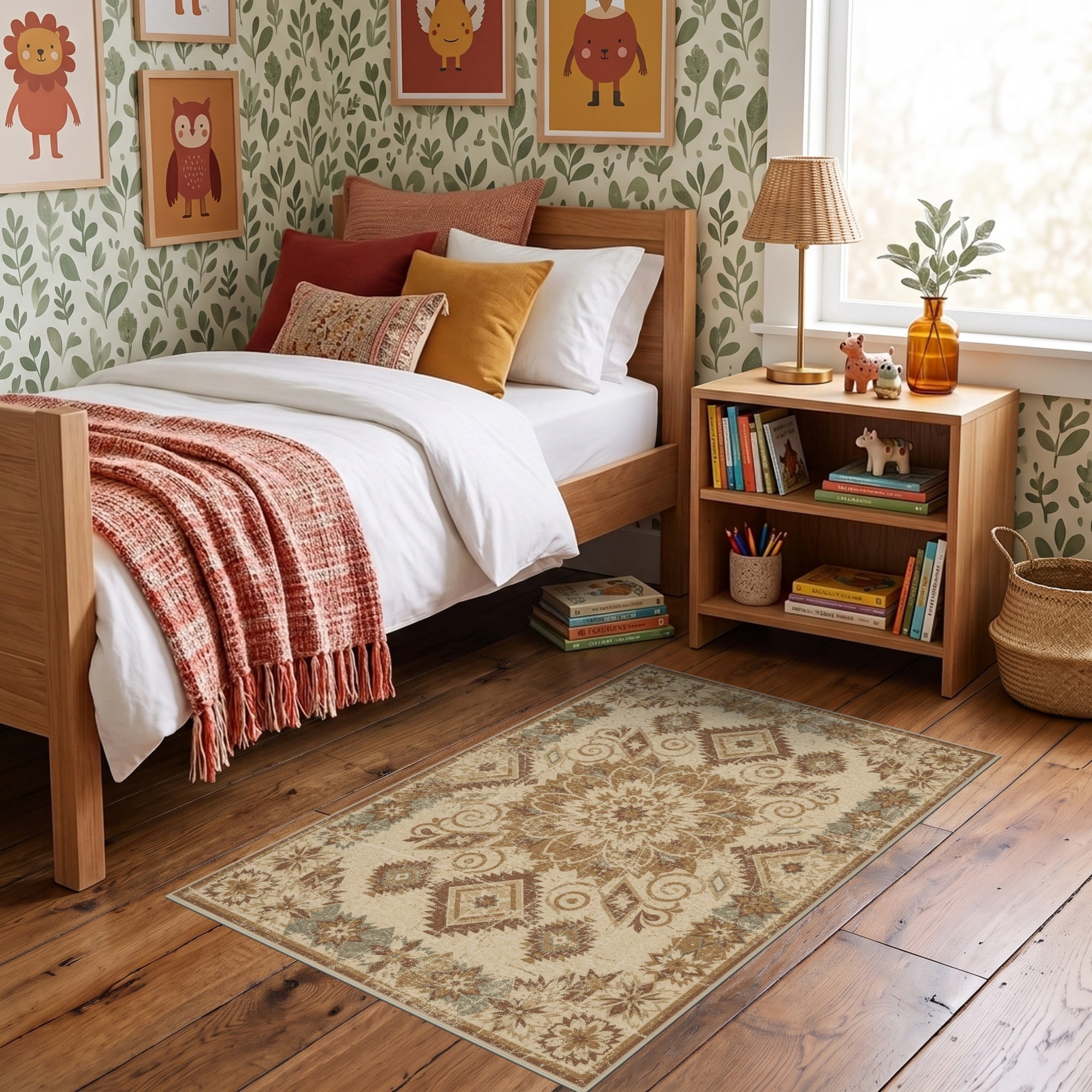 Round Shape Rug ODIKA 3'x5' Ultra-Soft Throw Mat, Shaped Border Boho Circle Featuring ...