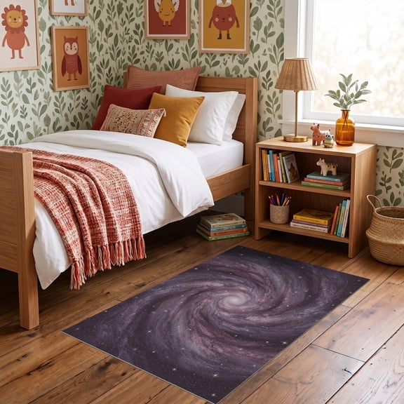 ODIKA 3'x5' Ultra-Soft Throw Mat, Starry Cosmic Galaxy Swirl Abstract Nebula Stardust Constellation Purple None Washable, Bare feet friendly, Easy Care Indoor rug for Bedside, Vanity