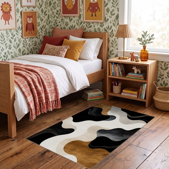 ODIKA 3'x5' Ultra-Soft Throw Mat, Tan Brown Accent Abstract Design Contemporary Marbled Swirl with Fluid Motion Washable, Bare feet friendly, Easy Care Indoor rug for Bedside, Vanity