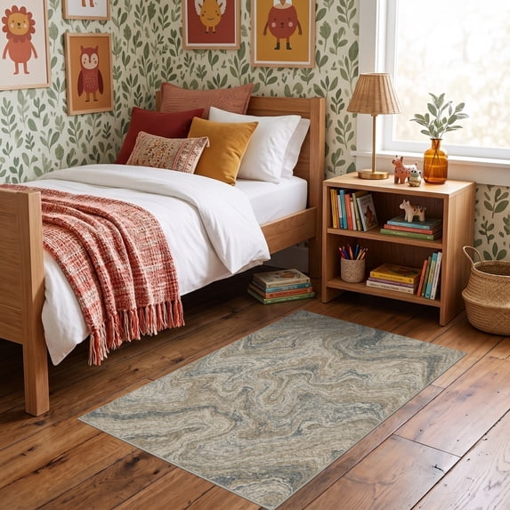 ODIKA 3'x5' Ultra-Soft Throw Mat, Tan Geometric Motifs Interlocking Contemporary Flowing Navy Teal None Washable, Bare feet friendly, Easy Care Indoor rug for Bedside, Vanity