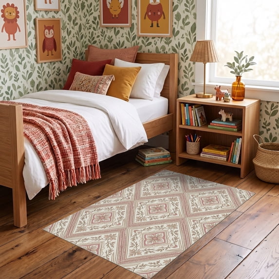 ODIKA 3'x5' Ultra-Soft Throw Mat, Traditional Symmetrical Botanical Grid Framework Contemporary None Washable, Bare feet friendly, Easy Care Indoor rug for Bedside, Vanity