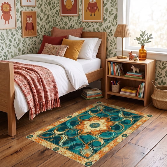 Washable Abstract Shape Rug ODIKA 3'x5' Ultra-Soft Throw Mat, Turquoise Teal Abstract Burnt ...