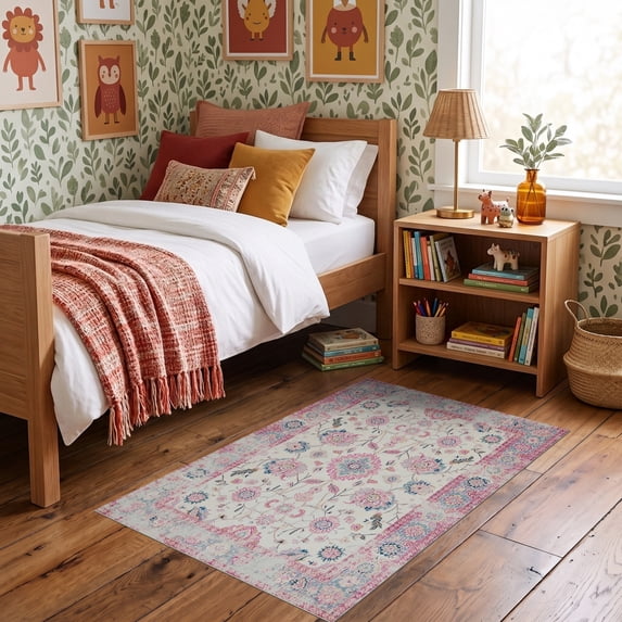 ODIKA 3'x5' Ultra-Soft Throw Mat, Vintage Floral Boho Patchwork With Distressed Blossom Tile Accents None Washable, Bare feet friendly, Easy Care Indoor rug for Bedside, Vanity