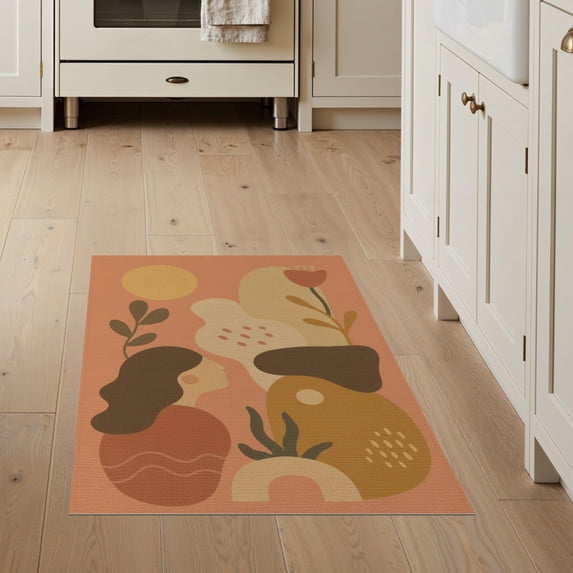 ODIKA 3'x5' Warm Earth Tones Safari Night Abstract Washable Throw Rug Modern Geometric Art with Nature Motifs Stain Resistant, Low Profile, Non-Slip for Entryway, Kitchen, Mudroom