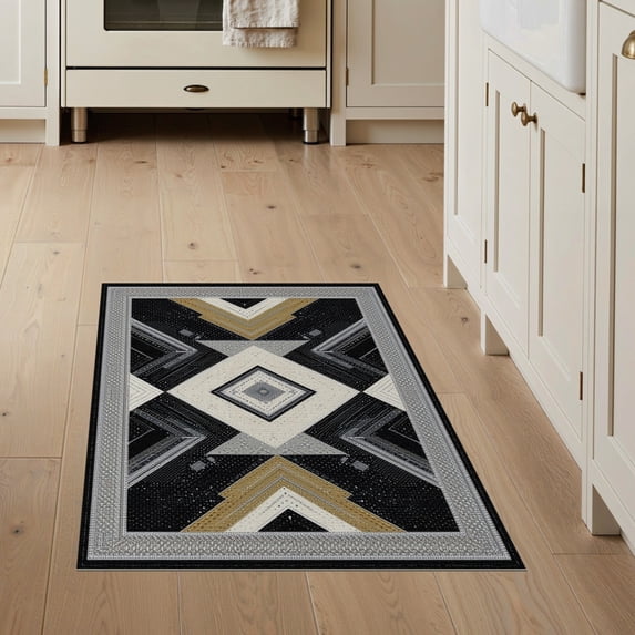 ODIKA 3'x5' Washable Accent Rug Abstract Geometric Bold Symmetry Interlocking Lattice Border for Bedside, Nursery Room, Pet Friendly & Non-Shedding