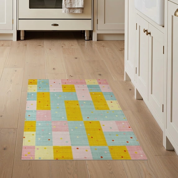 ODIKA 3'x5' Washable Accent Rug Bedside Checkered Retro Block Hopscotch Scattered Confetti Motif for Nursery Room, Pet Friendly & Non-Shedding