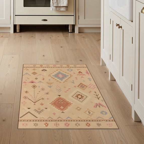 ODIKA 3'x5' Washable Accent Rug Beige Geometric Design Intricate Motifs with Symmetrical Border for Bedside, Nursery Room, Pet Friendly & Non-Shedding