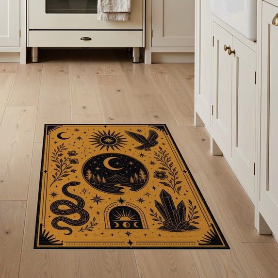 ODIKA 3'x5' Washable Accent Rug Brown Celestial Wilderness Enchantment Detailed Astrological Symbols and Nature Motifs for Bedside, Nursery Room, Pet Friendly & Non-Shedding