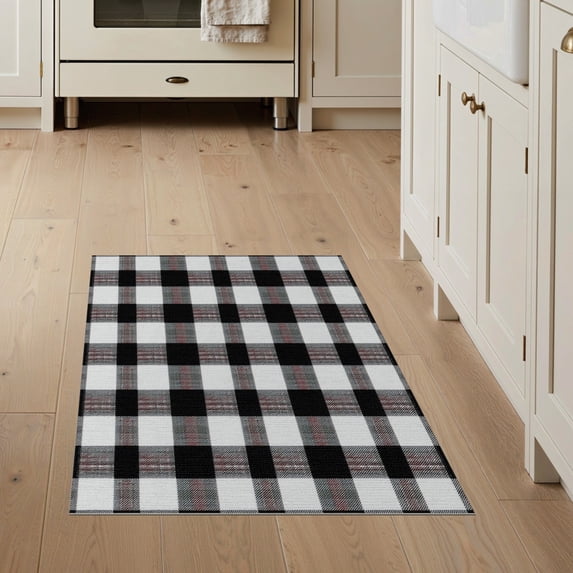 ODIKA 3'x5' Washable Accent Rug Under Doormat Plaid Checkerboard Farmhouse Striped Border Layering for Bedside, Nursery Room, Pet Friendly & Non-Shedding