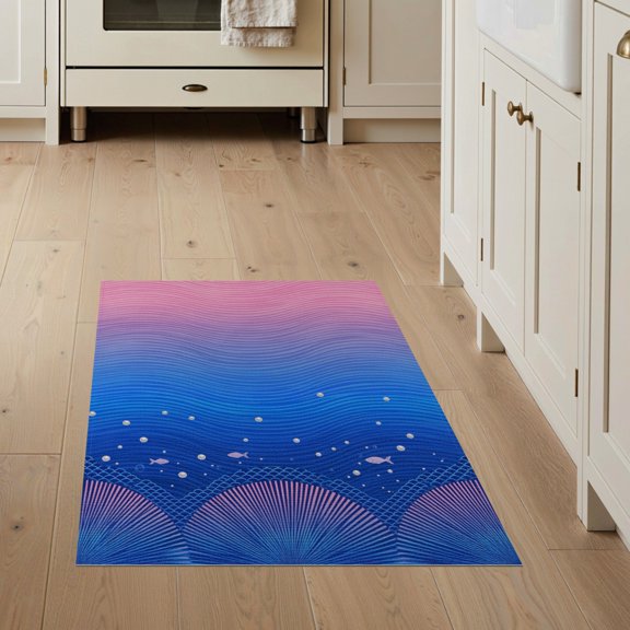 ODIKA 3'x5' Washable Accent Rug Fish Ombre Wave Stripe Pearl Scale Mermaid Gradient Refined for Bedside, Nursery Room, Pet Friendly & Non-Shedding