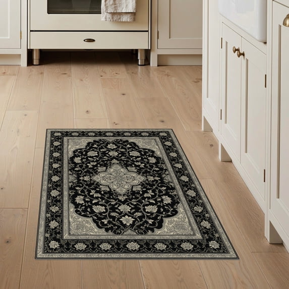 ODIKA 3'x5' Washable Accent Rug Foyer Traditional Botanical Symmetrical Layout Delicate Entryway for Bedside, Nursery Room, Pet Friendly & Non-Shedding