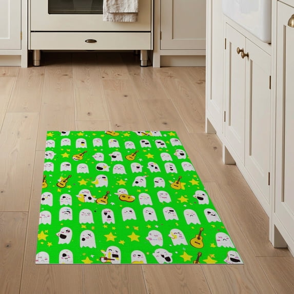 ODIKA 3'x5' Washable Accent Rug Ghost Guitar Cartoon Halloween Motif Starry Border Kawaii Faces for Bedside, Nursery Room, Pet Friendly & Non-Shedding