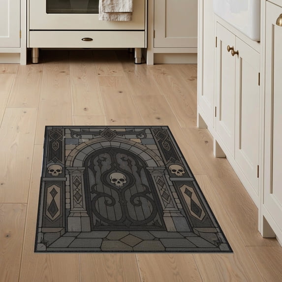 ODIKA 3'x5' Washable Accent Rug Gray Black Gothic Gate and Skull Motif Design Elegant Medieval Inspired with Intricate for Bedside, Nursery Room, Pet Friendly & Non-Shedding