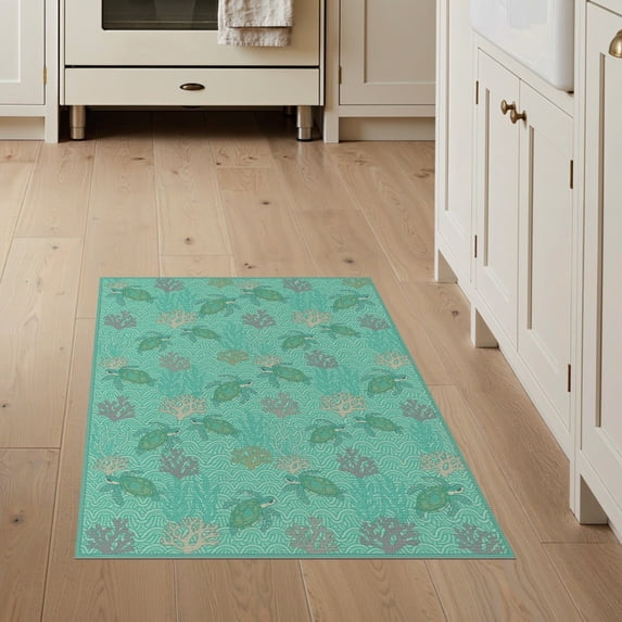 ODIKA 3'x5' Washable Accent Rug Ocean Turtle Main Reef Boho Border Map Nautical Wave Coral Compass for Bedside, Nursery Room, Pet Friendly & Non-Shedding