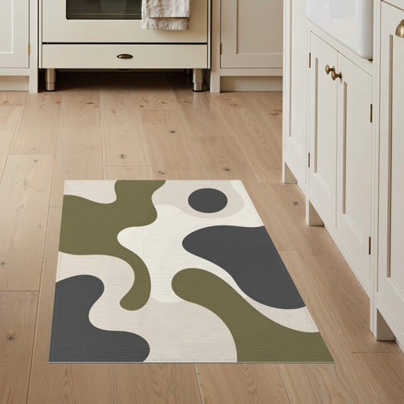 ODIKA 3'x5' Washable Accent Rug Olive Cream Abstract Geometric Design Elegant Flowing Contours with Minimalist for Bedside, Nursery Room, Pet Friendly & Non-Shedding