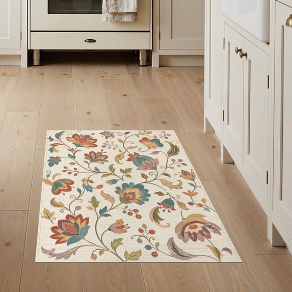 ODIKA 3'x5' Washable Accent Rug Pet Friendly, Non-Shedding Mat Autumnal Floral Tones Elegant Vine Motifs Intricate Leaf and Blossom Design for Bedside, Nursery Room