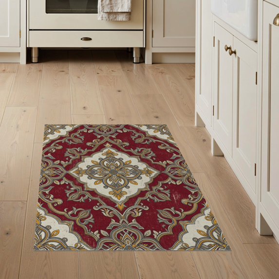 ODIKA 3'x5' Washable Accent Rug Pet Friendly, Non-Shedding Mat Bathroom Symmetrical Way Interlocking Ochre Slate Stairs Hallway for Bedside, Bedroom