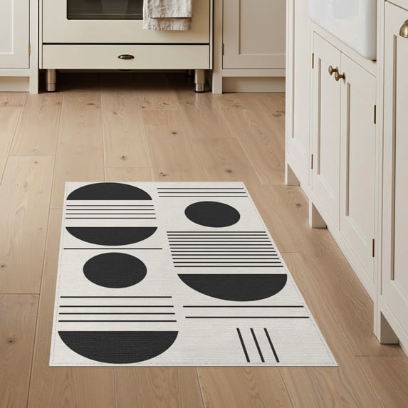 ODIKA 3'x5' Washable Accent Rug Pet Friendly, Non-Shedding Mat Black White Geometric Design Elegant Symmetry with Bold Circular Motifs for Bedside, Nursery Room