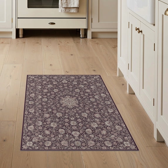 ODIKA 3'x5' Washable Accent Rug Pet Friendly, Non-Shedding Mat Boho Allover Blossom Vine Design Faded Antique Style Decorative for Bedside, Nursery Room