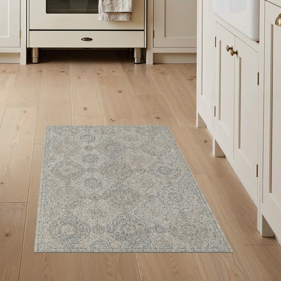 ODIKA 3'x5' Washable Accent Rug Pet Friendly, Non-Shedding Mat Boho Dining Faded Scroll Grid Repeating Botanical Table Ash for Bedside, Nursery Room