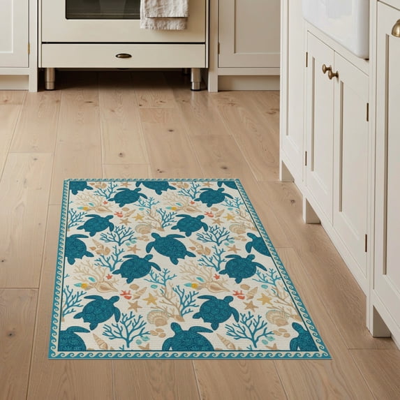 ODIKA 3'x5' Washable Accent Rug Pet Friendly, Non-Shedding Mat Border Stained Entryway Teal Beachy Cherry Nautical Turtle Ocean Playful for Bedside, Nursery Room