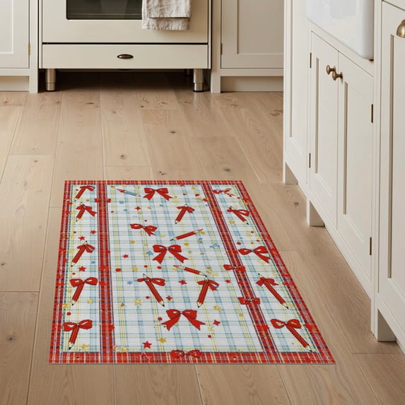 ODIKA 3'x5' Washable Accent Rug Pet Friendly, Non-Shedding Mat Classroom Pencil Schoolgirl Layout Plaid Stars School Abstract for Bedside, Nursery Room