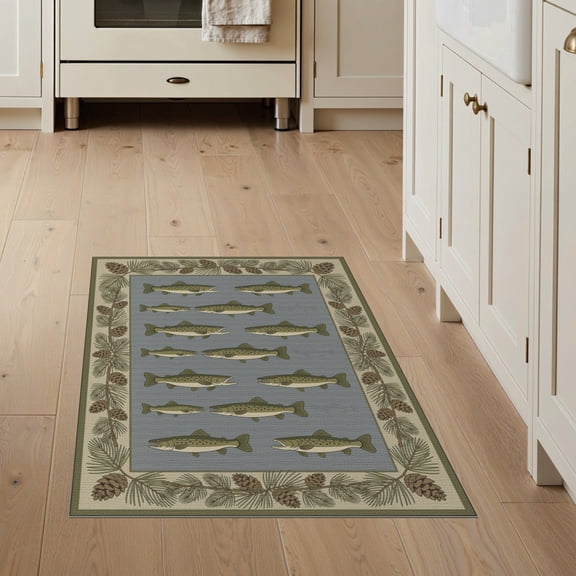 ODIKA 3'x5' Washable Accent Rug Pet Friendly, Non-Shedding Mat Country Lake Scene With Vintage Fish And Pine Border Fishing Flowing Dynamic for Bedside, Nursery Room