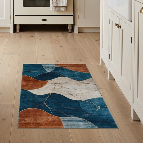 ODIKA 3'x5' Washable Accent Rug Pet Friendly, Non-Shedding Mat Front Door Abstract Swirl Beige Bedside Ru Skid Pink for Nursery Room