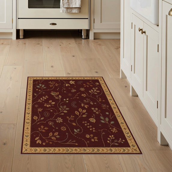 ODIKA 3'x5' Washable Accent Rug Pet Friendly, Non-Shedding Mat Gold Rich Maroon Floral and Botanical Elegance Intricate Leaf Vine Motifs with Golden for Bedside, Nursery Room