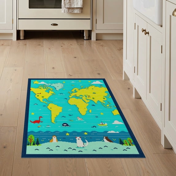 ODIKA 3'x5' Washable Accent Rug Pet Friendly, Non-Shedding Mat Large Map Playroom Ocean Educational Layout Continents Border for Bedside, Nursery Room