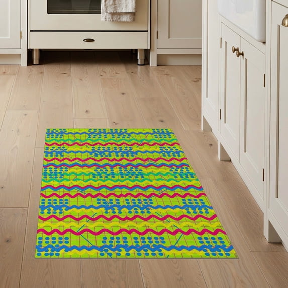 ODIKA 3'x5' Washable Accent Rug Pet Friendly, Non-Shedding Mat Memphis Abstract Retro Symmetrical Wavy Grid Interlocking Funky Flowing Dynamic for Bedside, Nursery Room