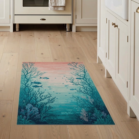 ODIKA 3'x5' Washable Accent Rug Pet Friendly, Non-Shedding Mat Mermaid Gradient Scale Mosaic With Ombre Fish And Coral Accents for Bedside, Nursery Room