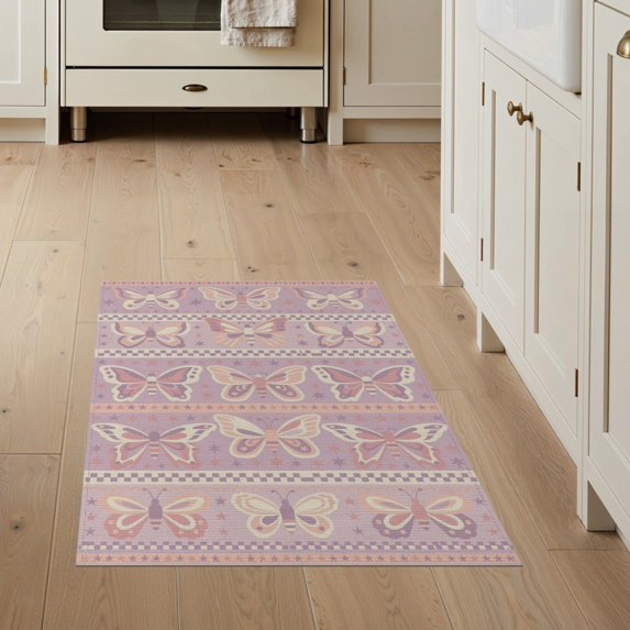 ODIKA 3'x5' Washable Accent Rug Pet Friendly, Non-Shedding Mat Mirrored Purple Wing Motif Detail Peach Geometric Playroom for Bedside, Nursery Room