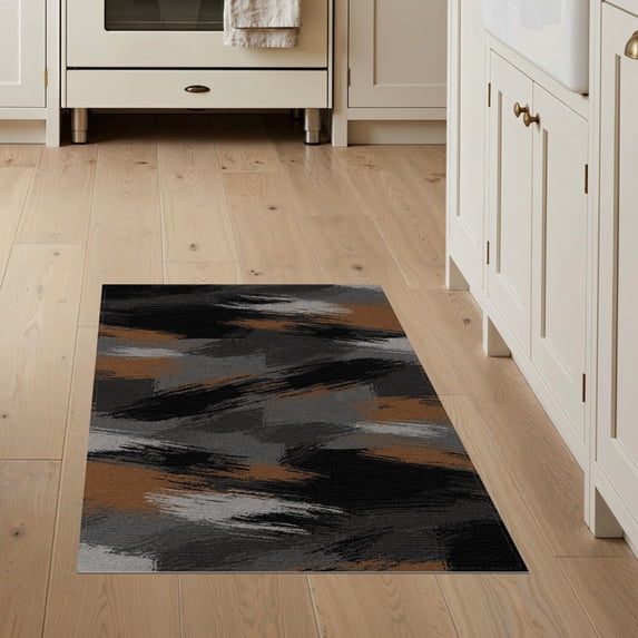 ODIKA 3'x5' Washable Accent Rug Pet Friendly, Non-Shedding Mat Modern Brushstroke Art With Asymmetric Color Block Accents Abstract Flowing for Bedside, Nursery Room