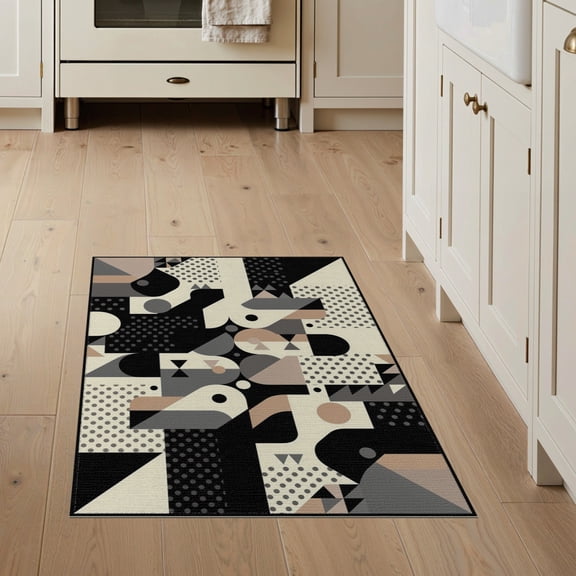 ODIKA 3'x5' Washable Accent Rug Pet Friendly, Non-Shedding Mat Modern Composition Scattered Dots Triangles Contrasting Block for Bedside, Nursery Room