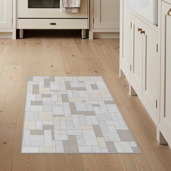 ODIKA 3'x5' Washable Accent Rug Pet Friendly, Non-Shedding Mat Modern Marble Mosaic Motif With Interlocking Tonal Blocks Abstract Flowing for Bedside, Nursery Room