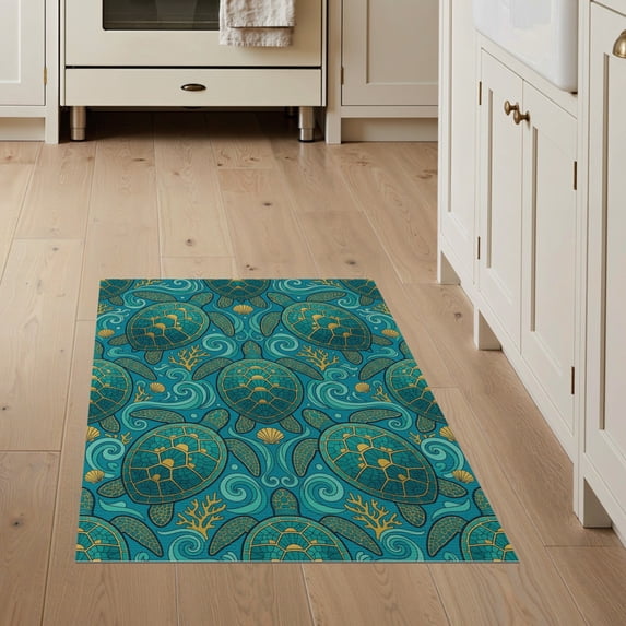 ODIKA 3'x5' Washable Accent Rug Pet Friendly, Non-Shedding Mat Mosaic Wave Stained Entryway Teal Beachy Nautical Turtle Ocean Playful for Bedside, Nursery Room