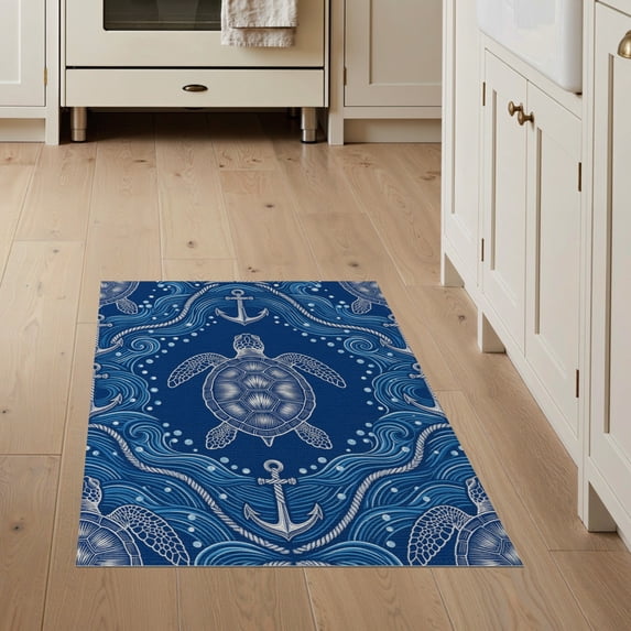 ODIKA 3'x5' Washable Accent Rug Pet Friendly, Non-Shedding Mat Nautical Border Ocean Wave Motif Scattered Symmetrical Animals Turtle Refined for Bedside, Nursery Room