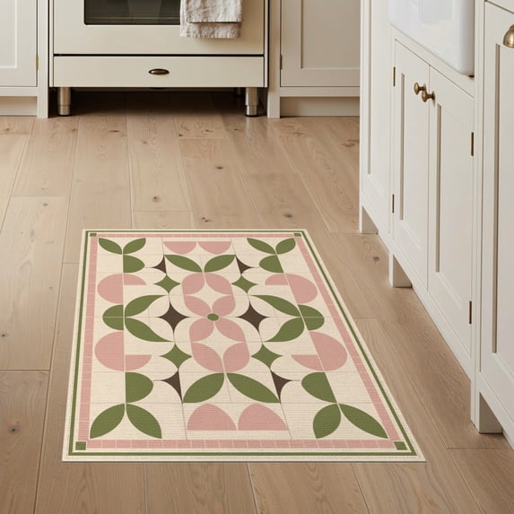 ODIKA 3'x5' Washable Accent Rug Pet Friendly, Non-Shedding Mat Olive Geometric Decorative Design Symmetrical Floral Motifs with Elegant for Bedside, Nursery Room