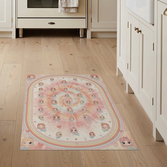 ODIKA 3'x5' Washable Accent Rug Pet Friendly, Non-Shedding Mat Pink Kawaii Tie Dye Swirls Mermaid Galaxy Shaped Flowing Dynamic for Bedside, Nursery Room
