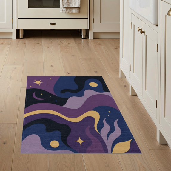 ODIKA 3'x5' Washable Accent Rug Pet Friendly, Non-Shedding Mat Purple Gold Celestial Waves and Starry Design Elegant Flowing Lines with Abstract Night for Bedside, Nursery Room
