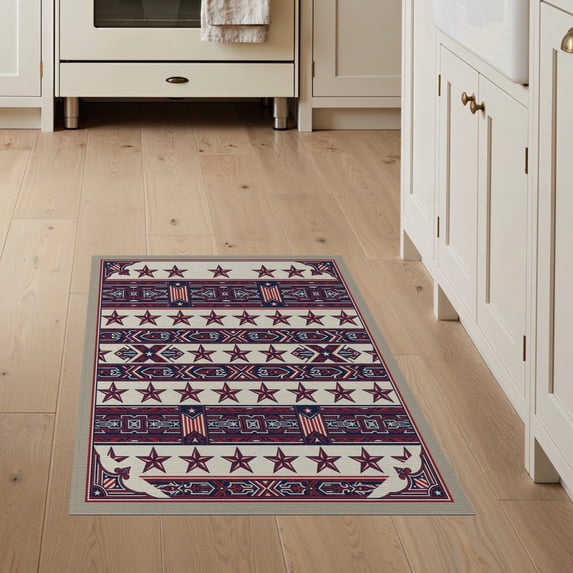 ODIKA 3'x5' Washable Accent Rug Pet Friendly, Non-Shedding Mat Stripes Independence Border Door Welcome July Stars Patriotic Playful Expressive for Bedside, Nursery Room