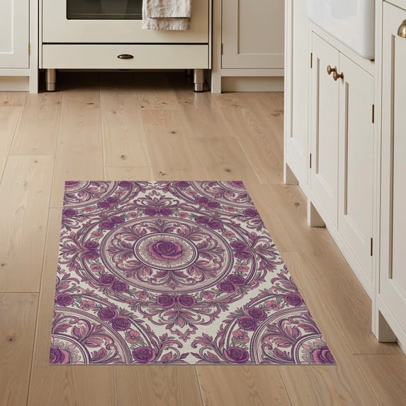 ODIKA 3'x5' Washable Accent Rug Pink Pastel Purple Plum Cream Mirrored Florals Harmonious for Bedside, Nursery Room, Pet Friendly & Non-Shedding