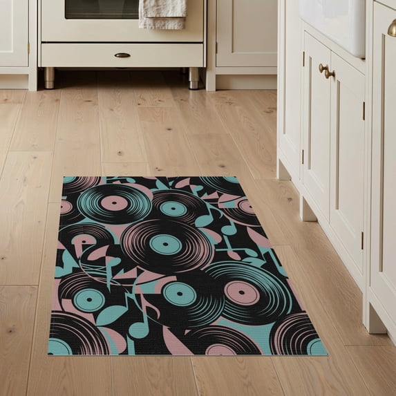ODIKA 3'x5' Washable Accent Rug Record Vinyl Abstract Inspired Musical Crisp Composition Shaped for Bedside, Nursery Room, Pet Friendly & Non-Shedding