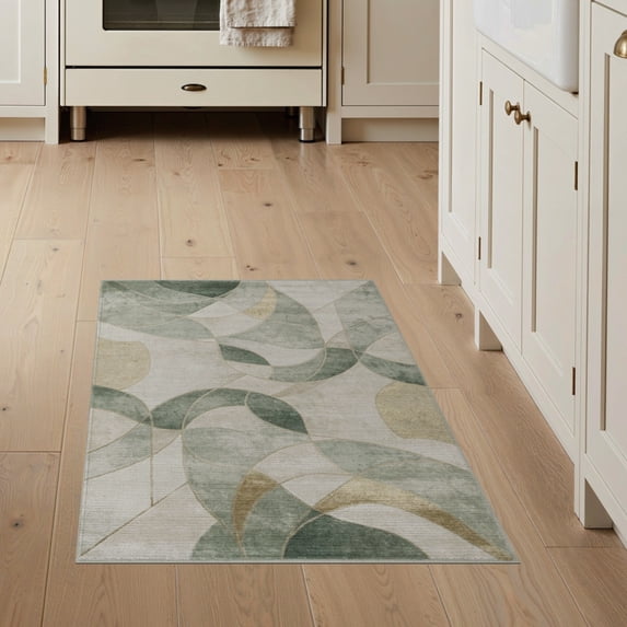 ODIKA 3'x5' Washable Accent Rug Sage Throw Contemporary Flowing Motifs Eucalyptus Ivory Entryway for Bedside, Nursery Room, Pet Friendly & Non-Shedding