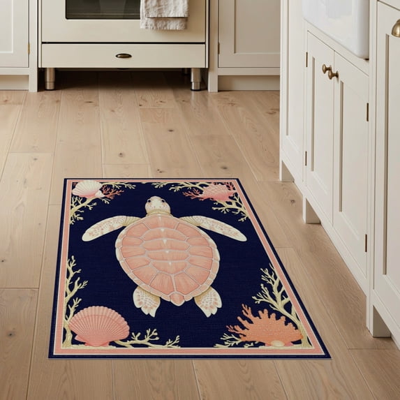 ODIKA 3'x5' Washable Accent Rug Theme Door Turtle Nautical Coral Seashell Motifs Reef Wave Border for Bedside, Nursery Room, Pet Friendly & Non-Shedding