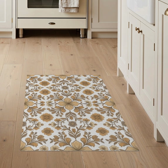 ODIKA 3'x5' Washable Accent Rug Vintage Boho Distressed Scroll Motif Fall Bordered Neutral Cream Refined for Bedside, Nursery Room, Pet Friendly & Non-Shedding