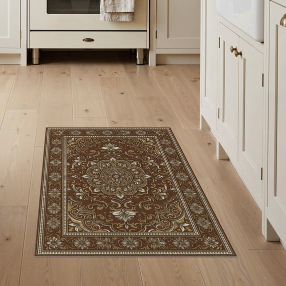 ODIKA 3'x5' Washable Accent Rug Vintage Distressed Scroll Ornate Border Faded Southwestern Hallway Boho Refined for Bedside, Nursery Room, Pet Friendly & Non-Shedding