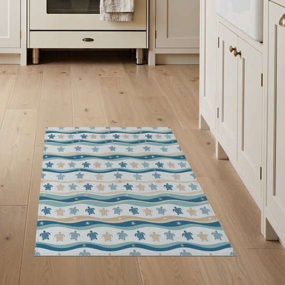ODIKA 3'x5' Washable Accent Rug Wave Stripes Nautical Ocean Border Motif Animals Turtle Repeating Playful for Bedside, Nursery Room, Pet Friendly & Non-Shedding